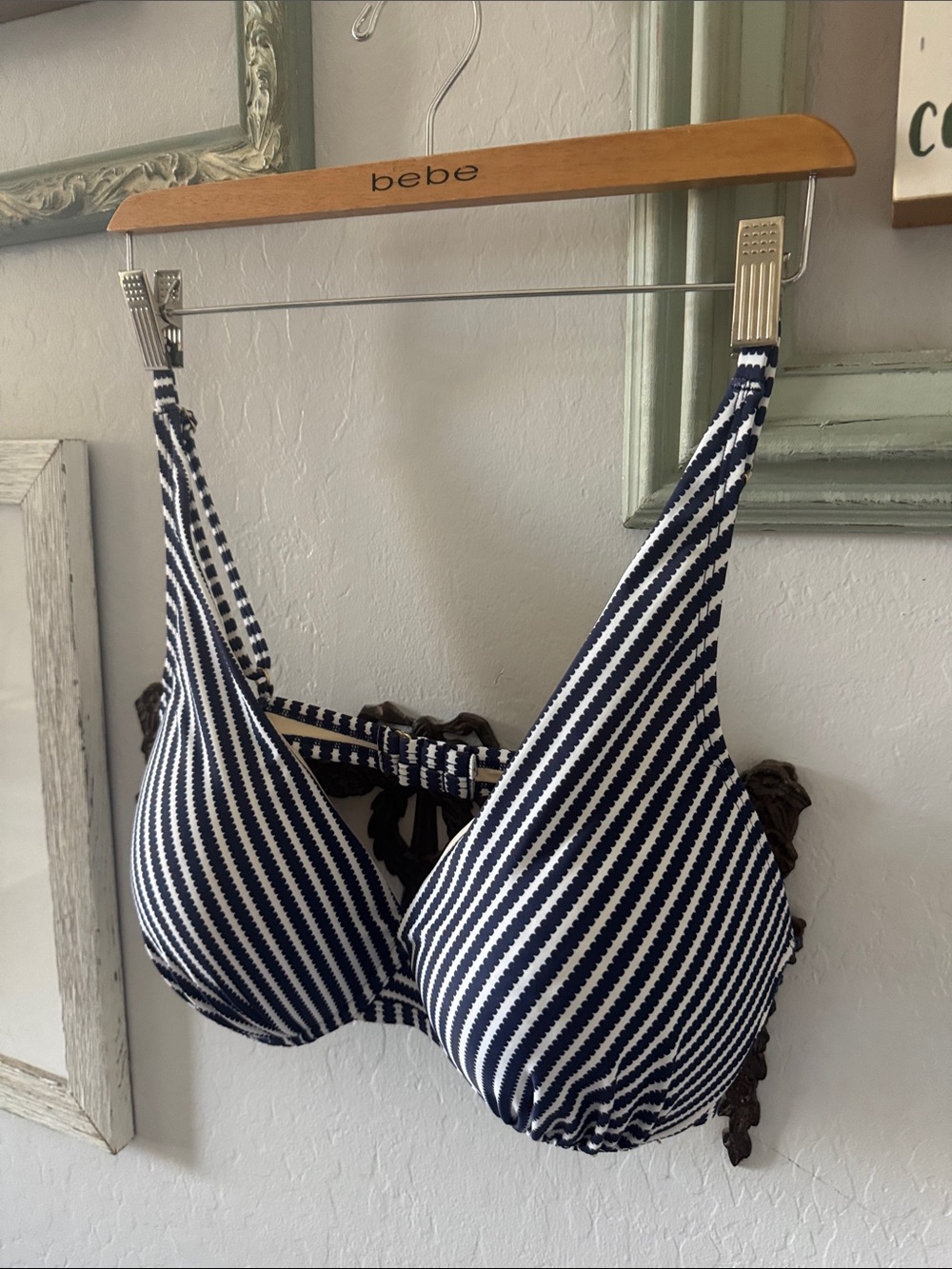 Coastal Blue Navy & White Striped Plunge Bikini Top with Adjustable Back Large